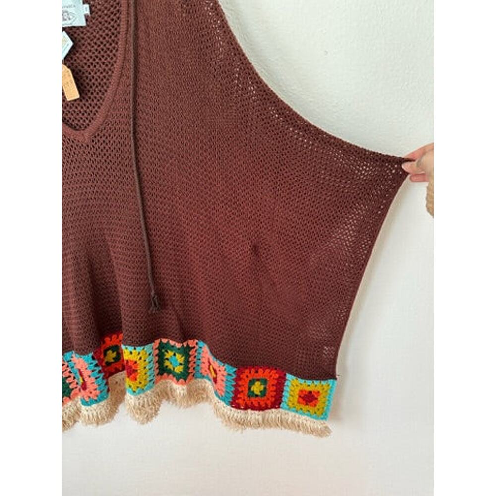 Judith March Brown Granny Square Hem  Hooded Crochet Poncho Free Size Festival - Picture 2 of 6